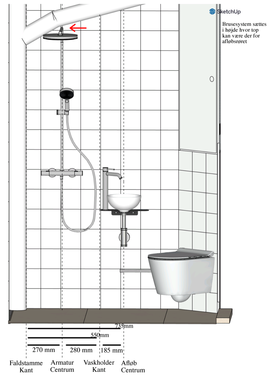 3D model, side view of bathroom Side view of bathroom design